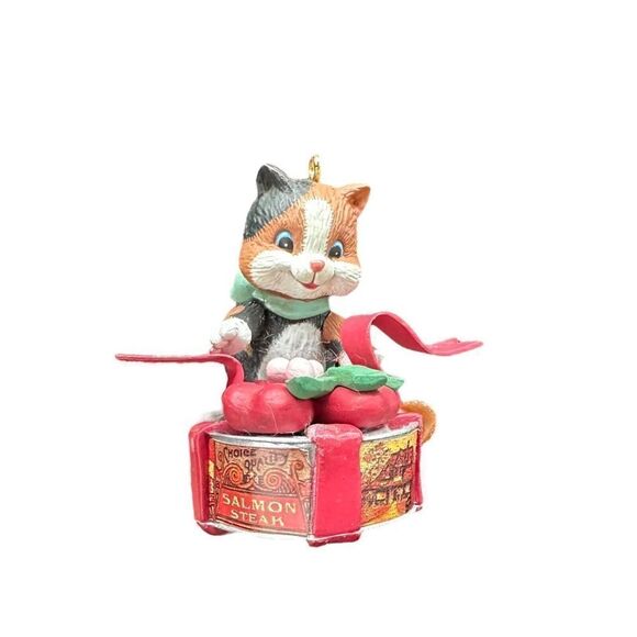 Vintage 1992 Lustre Fame Kitty Cat On Salmon Tin Can 2.25” Ornament - Picture 1 of 8